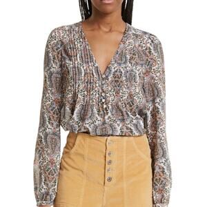 Veronica Beard Lowell Blouse Paisley Floral Pleated Button Accent V-Neck Size 6